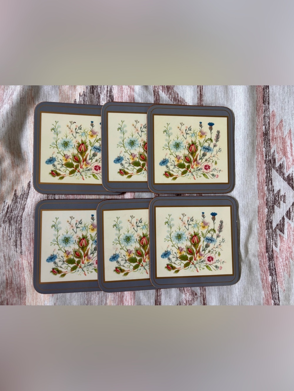 Set of 6 Floral Acrylic Coasters in Blue and Cream